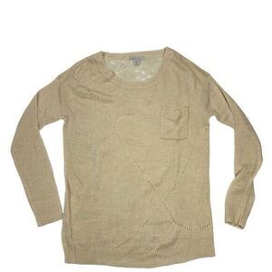 Cozy Casual Sweater Womens Sz S/M Tan Floral Pattern Lace Crew Neck Cottagecore